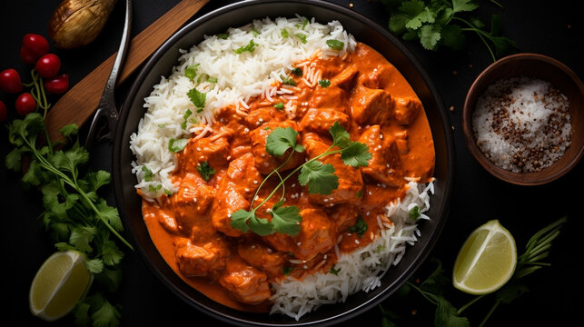 wide top view background food image, butter masala chicken and boiled white rice, Indian traditional food recipe banner image in black color table