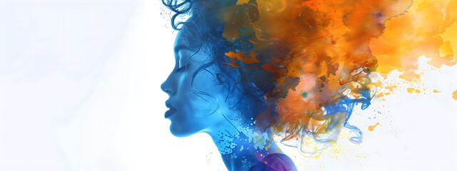 A beautiful woman with her hair in the wind, half profile view, paint splashes and colorful ink strokes on white background