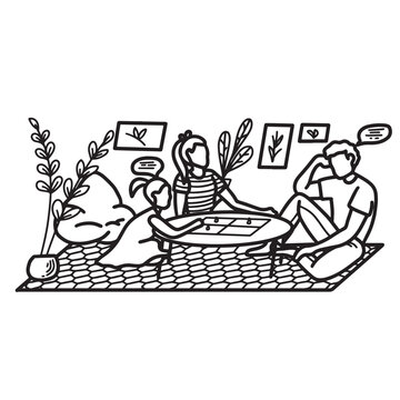 family playing game outline drawing line art community care