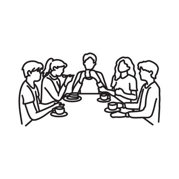 family eating outline drawing line art community care