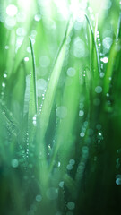 Fresh spring grass covered with morning dew drops. Vibrant colors with shallow dof and shiny water droplets. Showing tranquility of spring, environmentally conscious, or Earth day nature backgrounds. - 781687012
