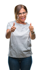 Middle age senior hispanic woman wearing glasses over isolated background approving doing positive...