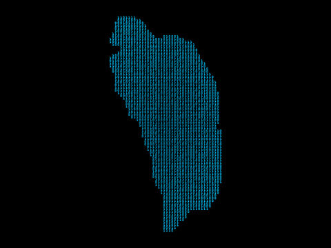 A sketching style of the map Dominica, consisting of blue binary code. An abstract image for a geographical design template. Image isolated on black background.