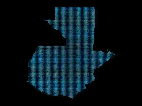 A sketching style of the map Guatemala, consisting of blue binary code. An abstract image for a geographical design template. Image isolated on black background.