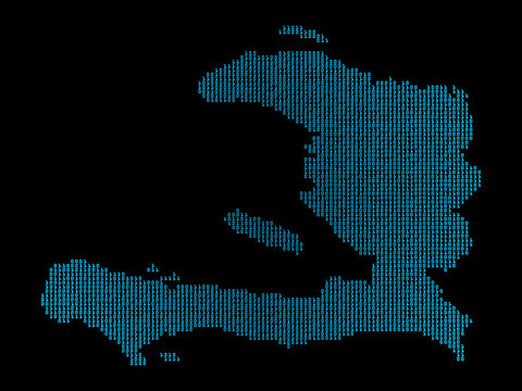 A sketching style of the map Haiti, consisting of blue binary code. An abstract image for a geographical design template. Image isolated on black background.