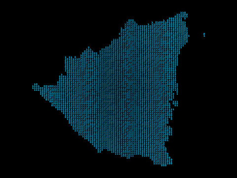 A sketching style of the map Nicaragua, consisting of blue binary code. An abstract image for a geographical design template. Image isolated on black background.