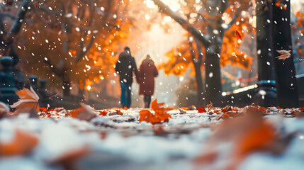 Couples Walking in Winter Snow in Autumn Park