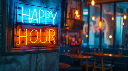 A bright blue and orange neon sign displaying the words "happy hour" in a modern font against a dark background. Copy space.