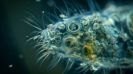 A zoomed in shot of a rotifer a minuscule animal with a transparent body and a rotating cilia around its mouth used for feeding.