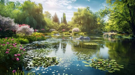 Fototapeta premium A serene lily pad pond with trees in the backdrop