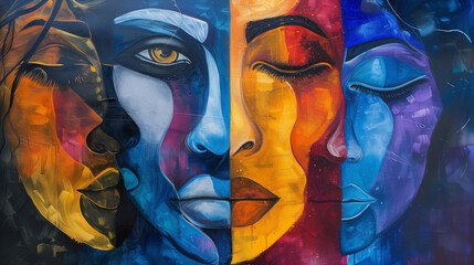 A painting featuring three faces with varying colors depicting different emotions. Bipolar disorder concept.