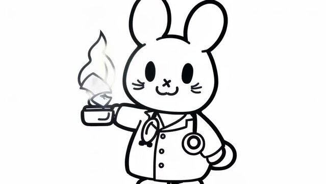 Cute rabbit character rendered in simple line art. Holds a gas burner in one hand, the other raised towards the flame. Features round head with long ears and large eyes. 