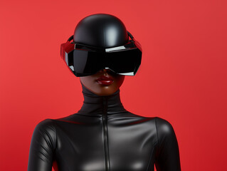 A woman is dressed in a black leather outfit and wearing a helmet or VR glasses. Copy space.
