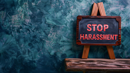 A wooden easel displaying a sign that reads "STOP HARASSMENT" over a chalkboard background. Copy space. Banner.