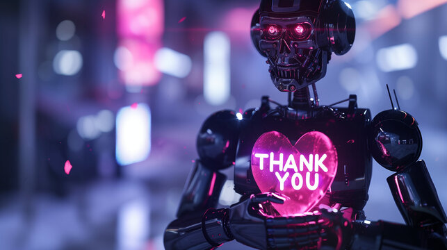 A robot holding a heart with the words "thank you "inscribed on it. Copy space. Banner.