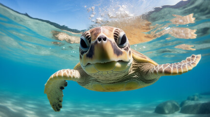 A turtle with a bright happy smile swimming in the ocean with its head above the water