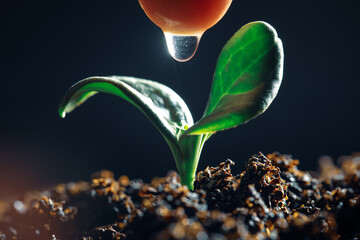 Fragile vegetable seedling with new green growth in dirt being watered with a waterdrop. Symbolizing new life, conservation, or other fresh beginnings.