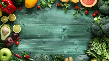 Green wooden table with fruits and vegetables