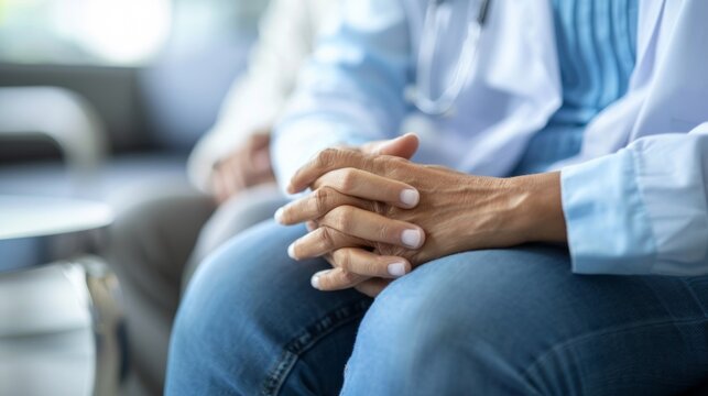 A the sitting beside a patient their hand gently holding the patients as they discuss their treatment plan and progress. The bond between the and patient is evident in the comfortable .