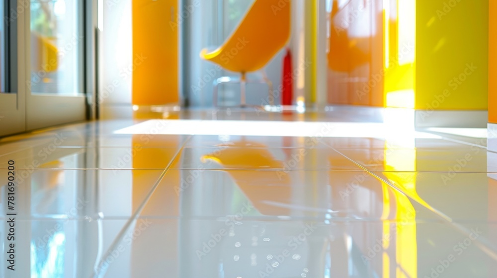 Poster the smooth and glossy surface of the floor tiles is accented by pops of neon yellow and orange addin