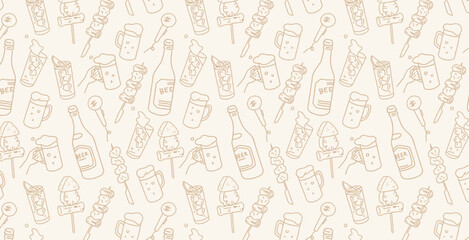 お酒や居酒屋のシームレス背景素材 ビール、チューハイなどのお酒、焼き鳥など Seamless background for drinks and taverns.