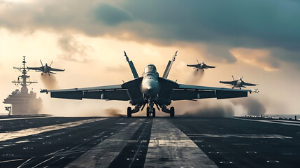 generic military aircraft carrier ship with fighter jets take off during a special operation at a warzone, sunlight , cloudy sky , panoramic view  