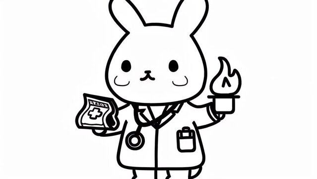 Cute rabbit character rendered in simple line art. Holds a gas burner in one hand, the other raised towards the flame. Features round head with long ears and large eyes. 