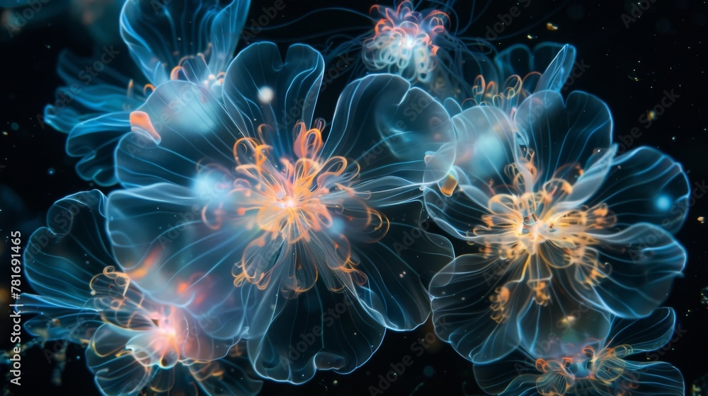 Poster a stunning display of multicolored luminescence emanating from marine organisms against a deep black