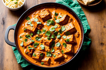 Top view of paneer tikka masala served with naan bread on a rustic wooden table, showcasing the...