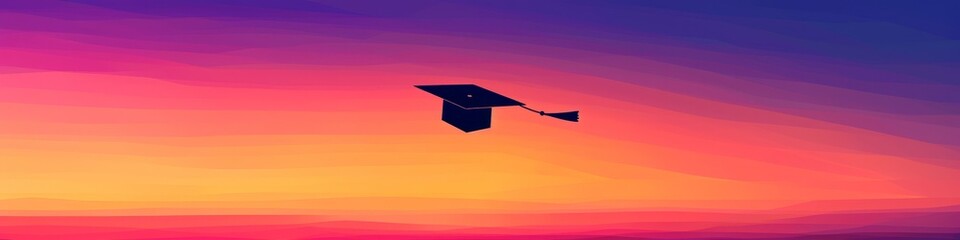 Graduation cap flying through the air against a sunset sky in a minimalist silhouette illustration. Copy space. Banner.