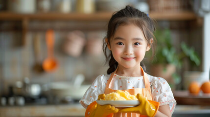 A 4-year-old Asian kid, wearing orange rubber gloves on both hands, is standing with a plate in her right hand and a sponge in her left for foam dishwashing. - obrazy, fototapety, plakaty