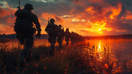 Editable vector foreground of silhouettes of walking soldiers on patrol with figures as separate elements.