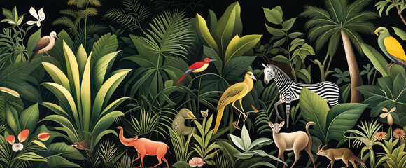 Naklejka premium Exotic Wildlife Art. Colorful Jungle Animals Amidst Tropical Foliage. Vibrant Jungle Illustration.
