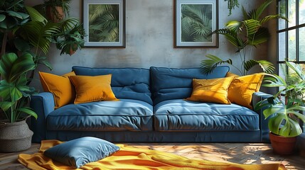 A blue couch with yellow pillows sits in front of a wall with two pictures