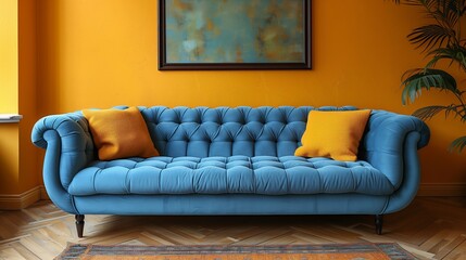 A blue couch with yellow pillows sits in front of a yellow wall
