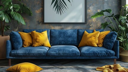 A blue couch with yellow pillows sits in front of a picture of a leafy plant