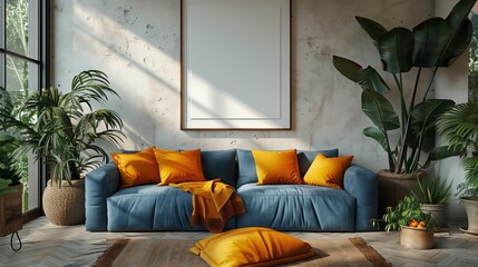 A living room with a blue couch and orange pillows