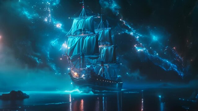 pirate ship with aurora background. 4k video animation