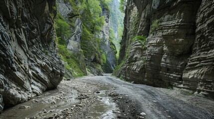 A dusty path winding through a narrow canyon