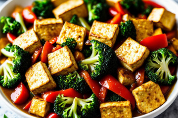 Close-up of vegetable stir fry with tofu in a wok, vibrant mix of broccoli, bell peppers, carrots, and firm tofu, stir-fried with soy sauce and garlic, garnished with sesame seeds. AI generated.