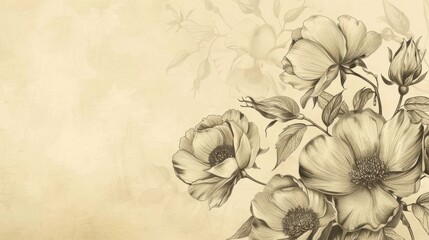Sketch style bouquet of flowers drawn on a beige background. Copy space.