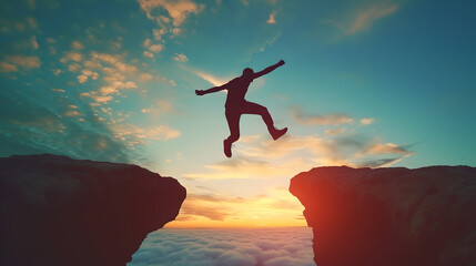 Silhouette of Enthusiastic man jumping between two cliffs, success and freedom concept , Progress...