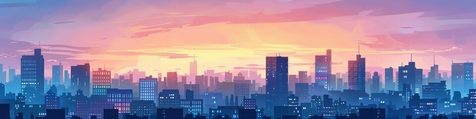 A painting featuring a city skyline with buildings silhouetted against a sunset sky. Banner. - obrazy, fototapety, plakaty