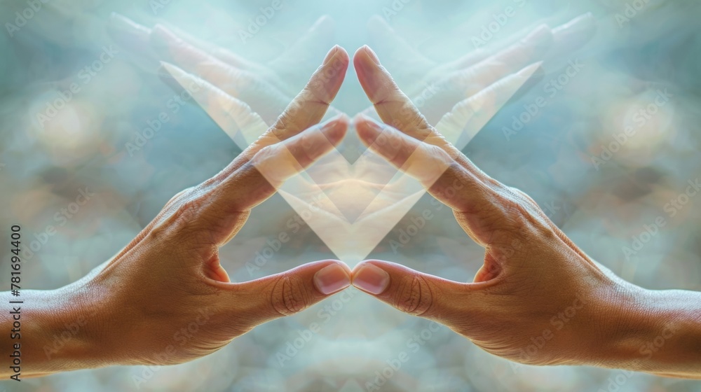 Poster the symmetrical placement of two hands together forming a mirror image of overlapping triangles and 