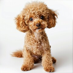 首を傾げる茶色のトイプードル(正面,白背景,背景無し,全身)-生成AI