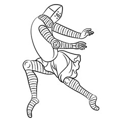 Medieval knight in dynamic pose. Illuminated manuscript design. Black and white linear silhouette.