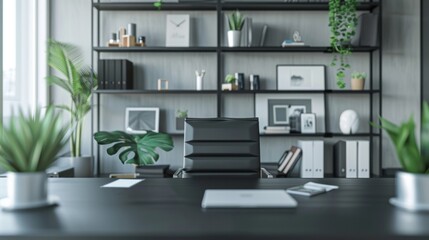 An office with a matte black desk and shelves contrasted with white walls and other office furniture. The matte black finish adds a touch of elegance and professionalism to the space . - obrazy, fototapety, plakaty