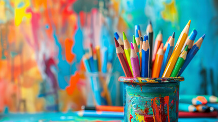 A cup filled with a variety of colored pencils standing on a wooden table. Copy space. - Powered by Adobe