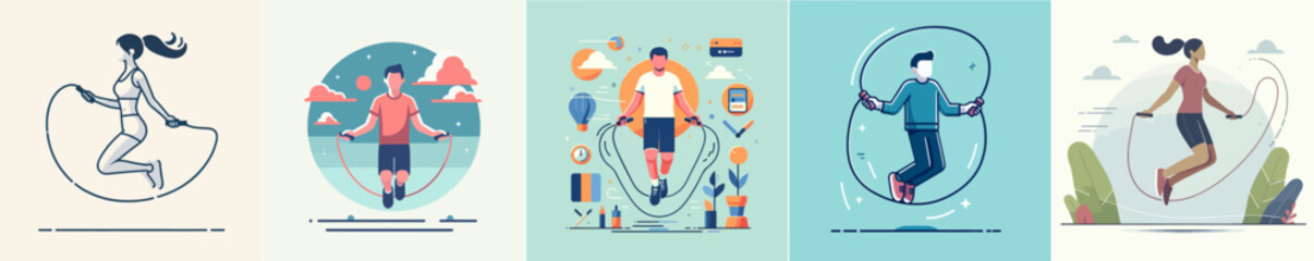 Vector set of people playing jump rope with a simple flat design style