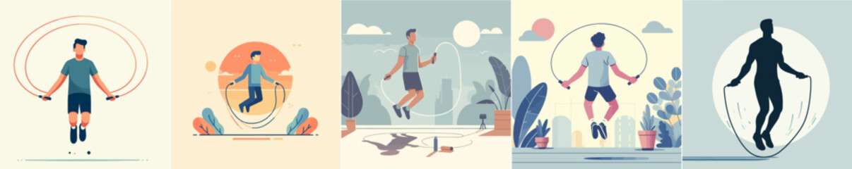 Vector set of people playing jump rope with a simple flat design style - obrazy, fototapety, plakaty